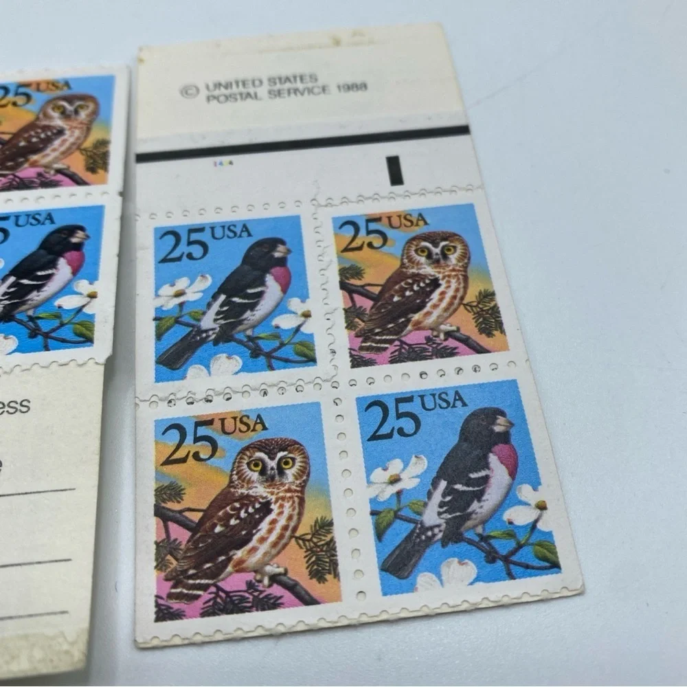 USPS Stamps 25c. Grosbeak & Owl Pair of 8 Birds Postage Vintage Mail 1988